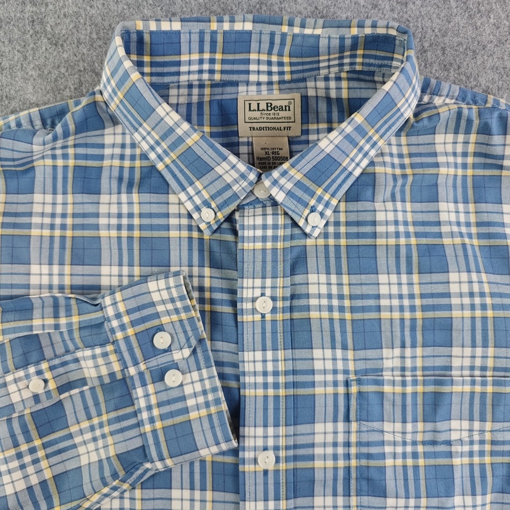 LL Bean Shirt Mens XL Blue Yellow Plaid Long Sleeve Button Down Cotton Pocket